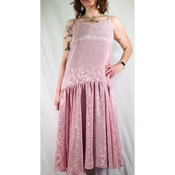 Sold--80’s Vintage Blush Pink Monochrome Floral Satin Drop Waist Midi Slip Dress - Picture 2 of 12